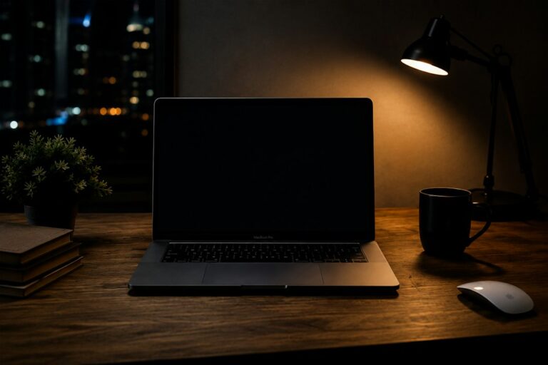 An older laptop on a desk, illustrating a computer that has become slow